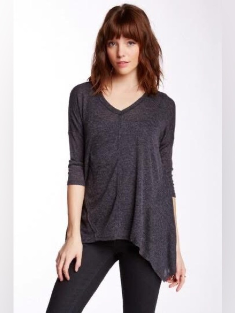NWT Bobeau Charcoal V-Neck Asymmetric Hem Forward Side Knit Tunic—Large Petite